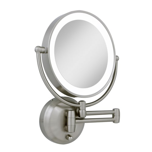 Cordless LED Lighted Round Wall Mount Mirror, Dual-Sided Magnification, Satin Nickel Finish